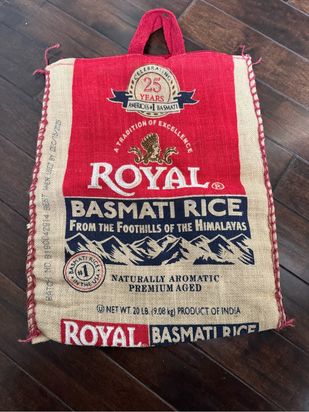Royal Basmati Rice Burlap Tote Bag - Red & Natural